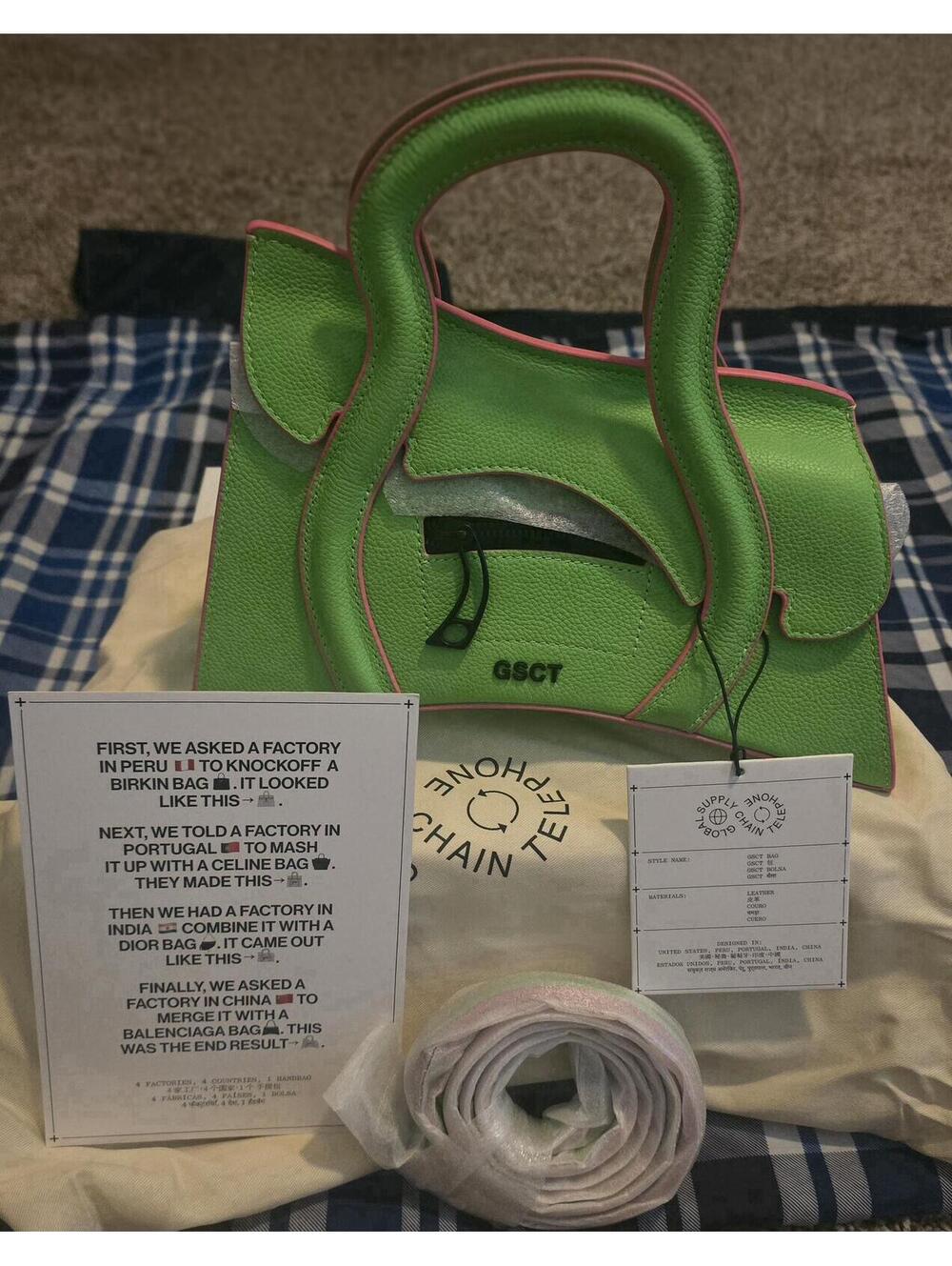 GSCT Green Leather Handbag with Pink Trim and Unique Handle Design
